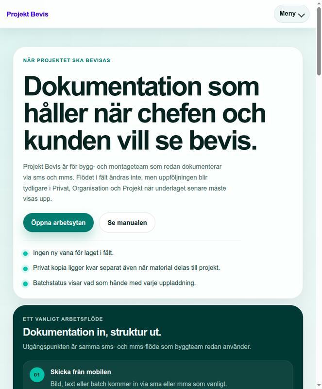 The Projekt Bevis landing page explaining what the product is for.