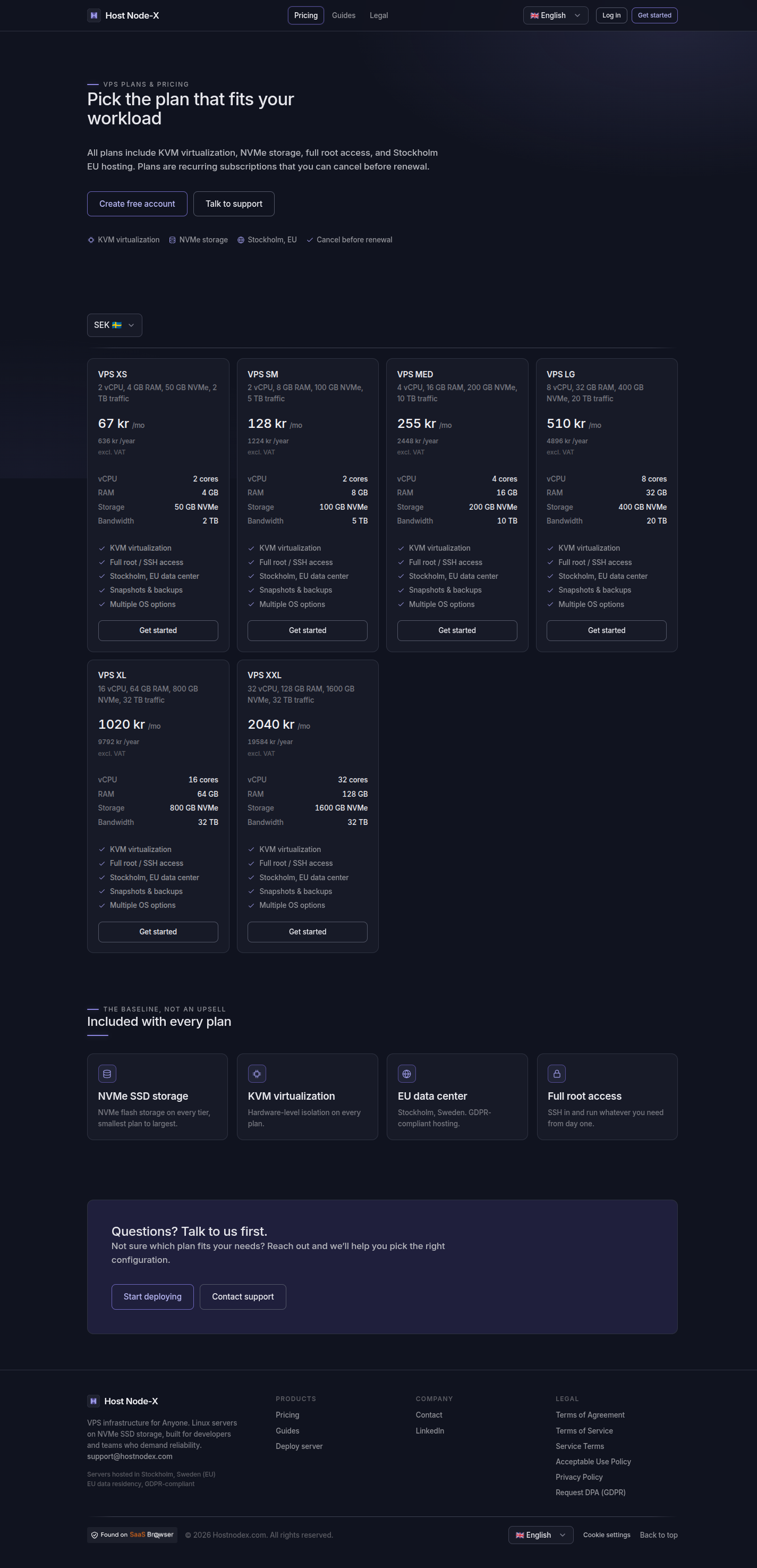 The HostNodex pricing page, showing the VPS plan tiers and their specifications.
