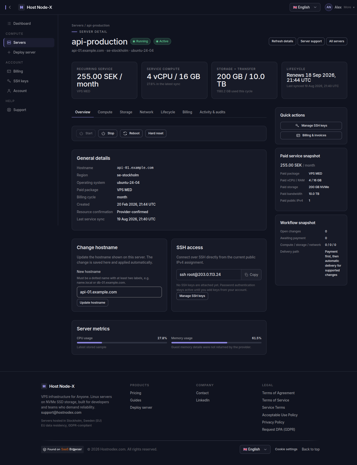 The detail view for a single server in the HostNodex control panel.