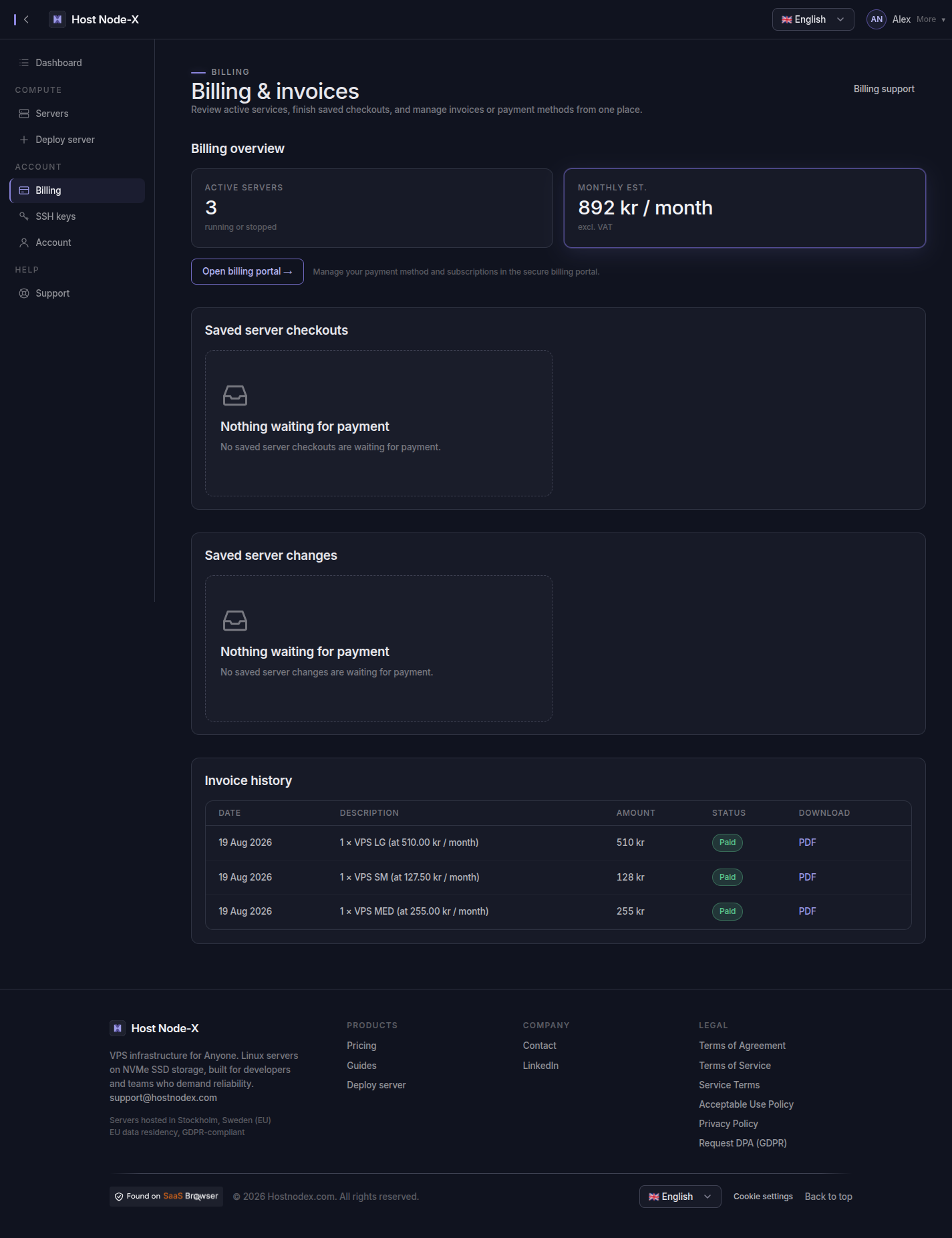 The billing page in the HostNodex control panel, listing invoices and the active subscription.