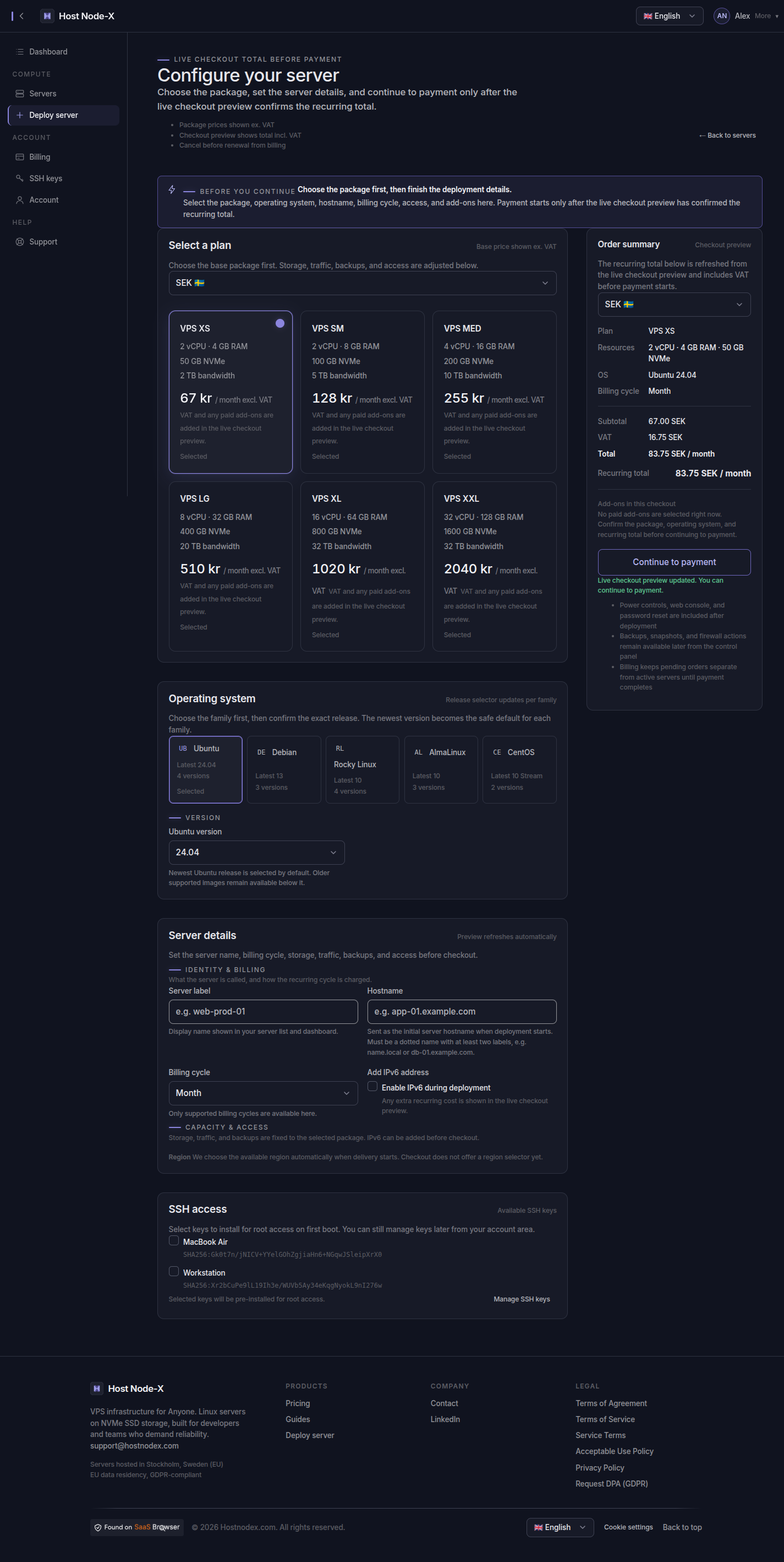 The HostNodex deploy screen, where a plan, region and operating system are chosen.