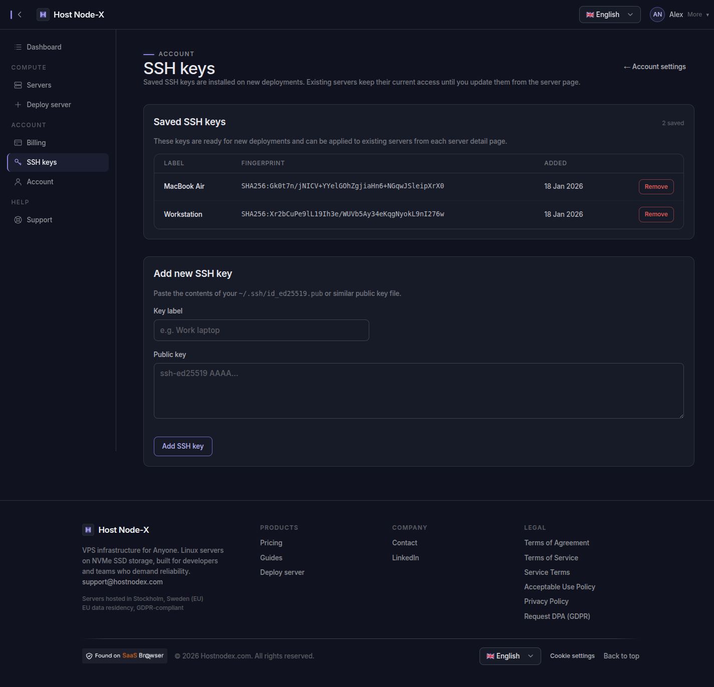 The SSH key management screen in the HostNodex control panel.