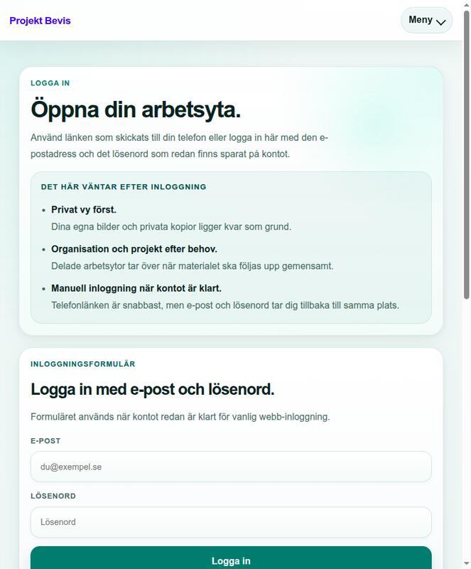 The Projekt Bevis login screen, which uses one-time tokenised links.