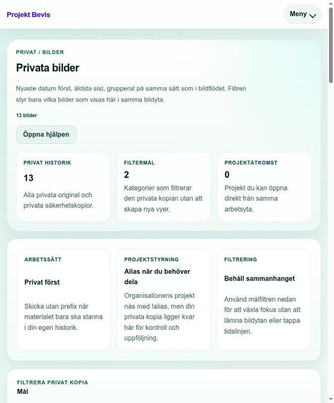 The private image book overview in Projekt Bevis, showing counts and filters.