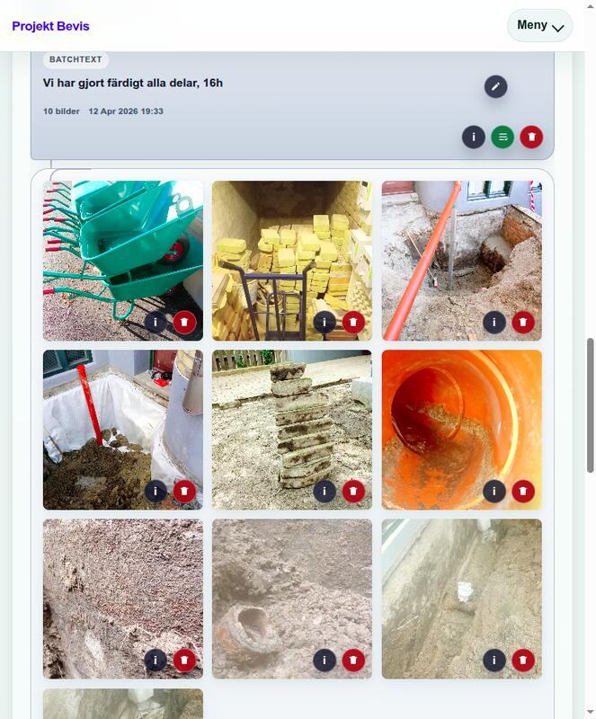 A batch of construction photos filed in the Projekt Bevis image book, captioned with the work done and the hours.