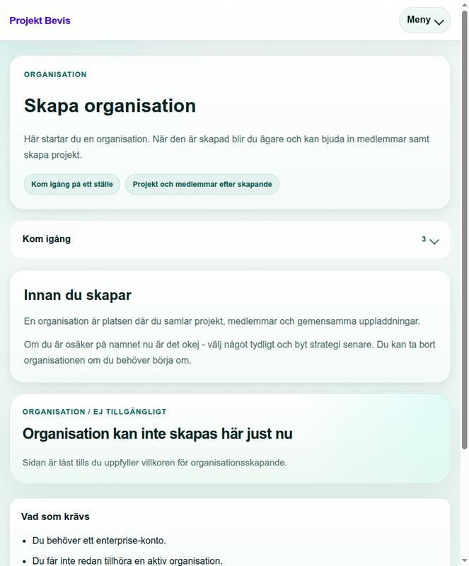 The organisation creation and onboarding screen in Projekt Bevis.